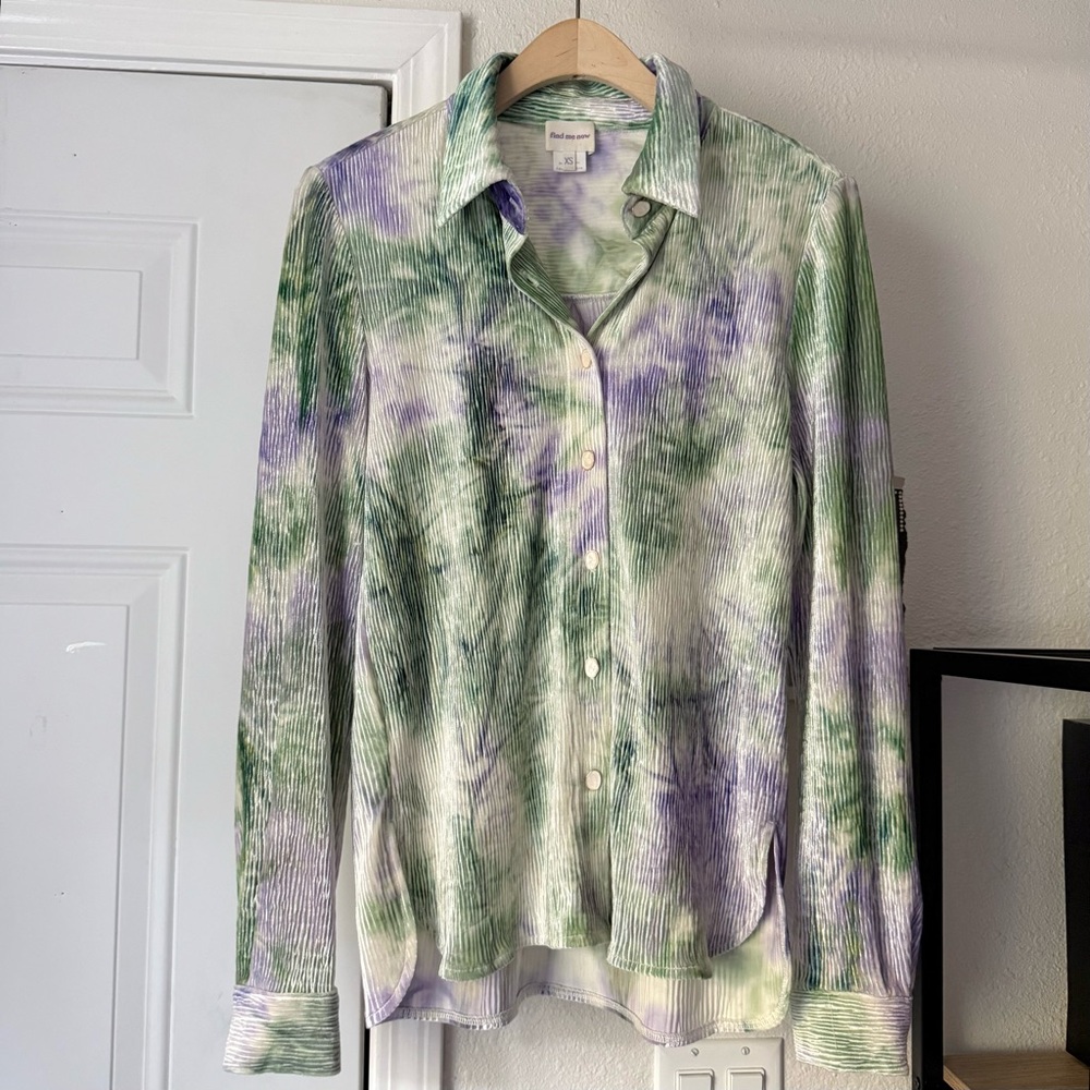 FIND ME NOW ivory green purple tie dye velour corduroy knit pearl snap button up